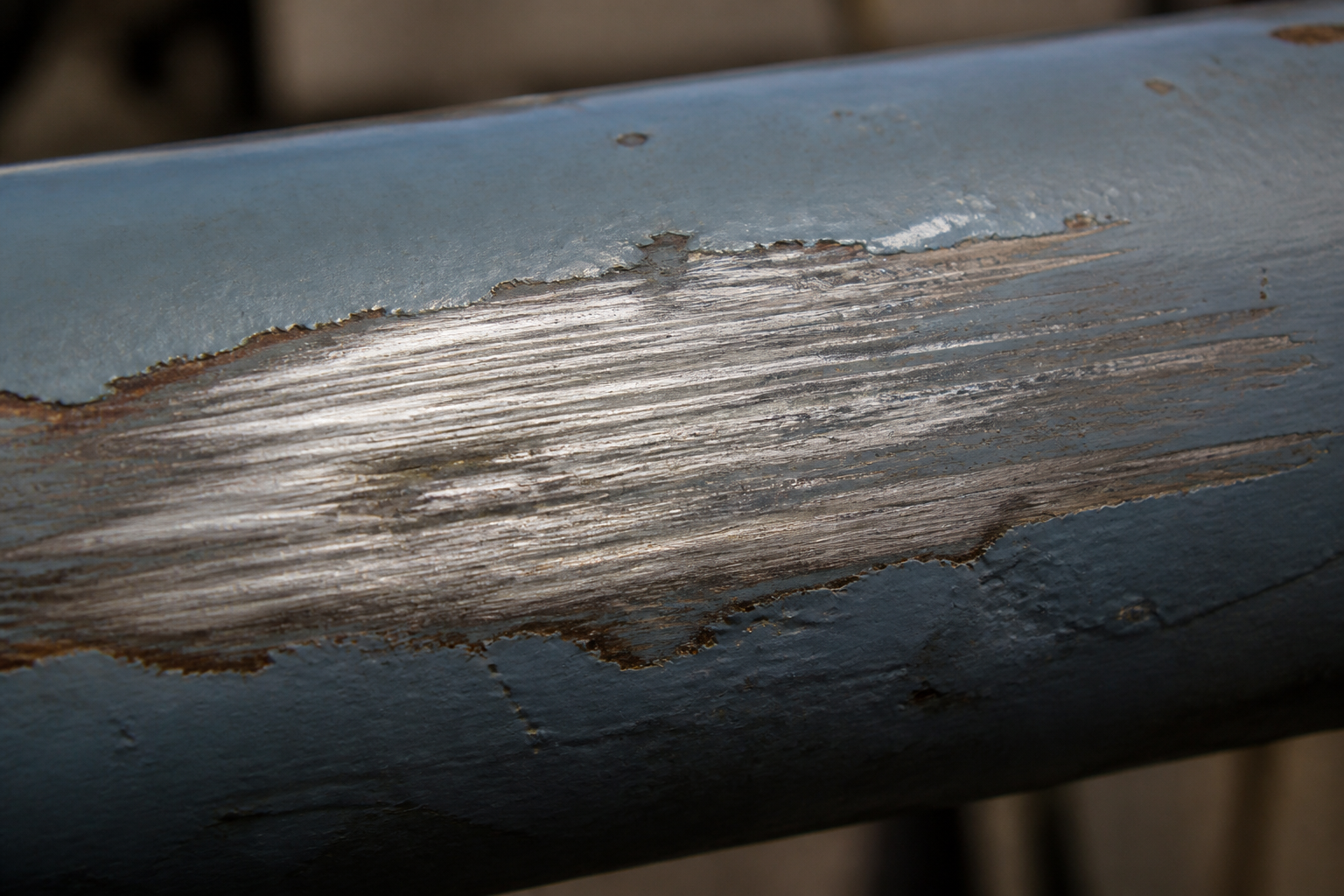 Photorealistic illustrative reference showing abrasion damage on a protective coating system