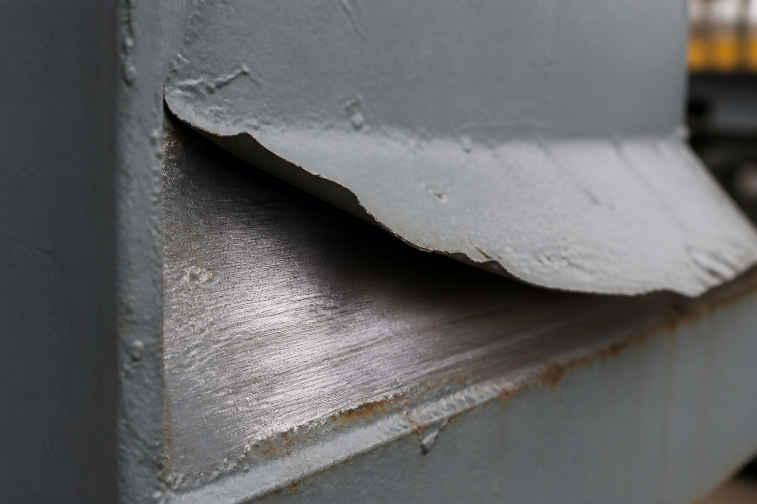 Photorealistic illustrative reference showing adhesion failure on a protective coating system
