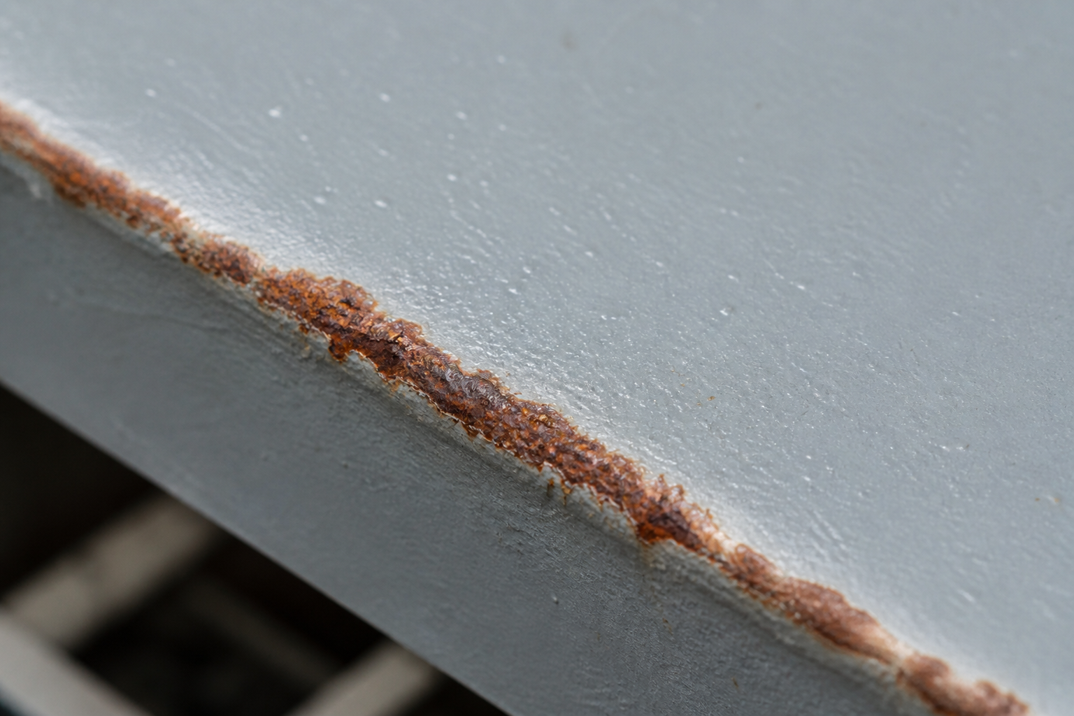 Photorealistic illustrative reference showing edge corrosion on a protective coating system