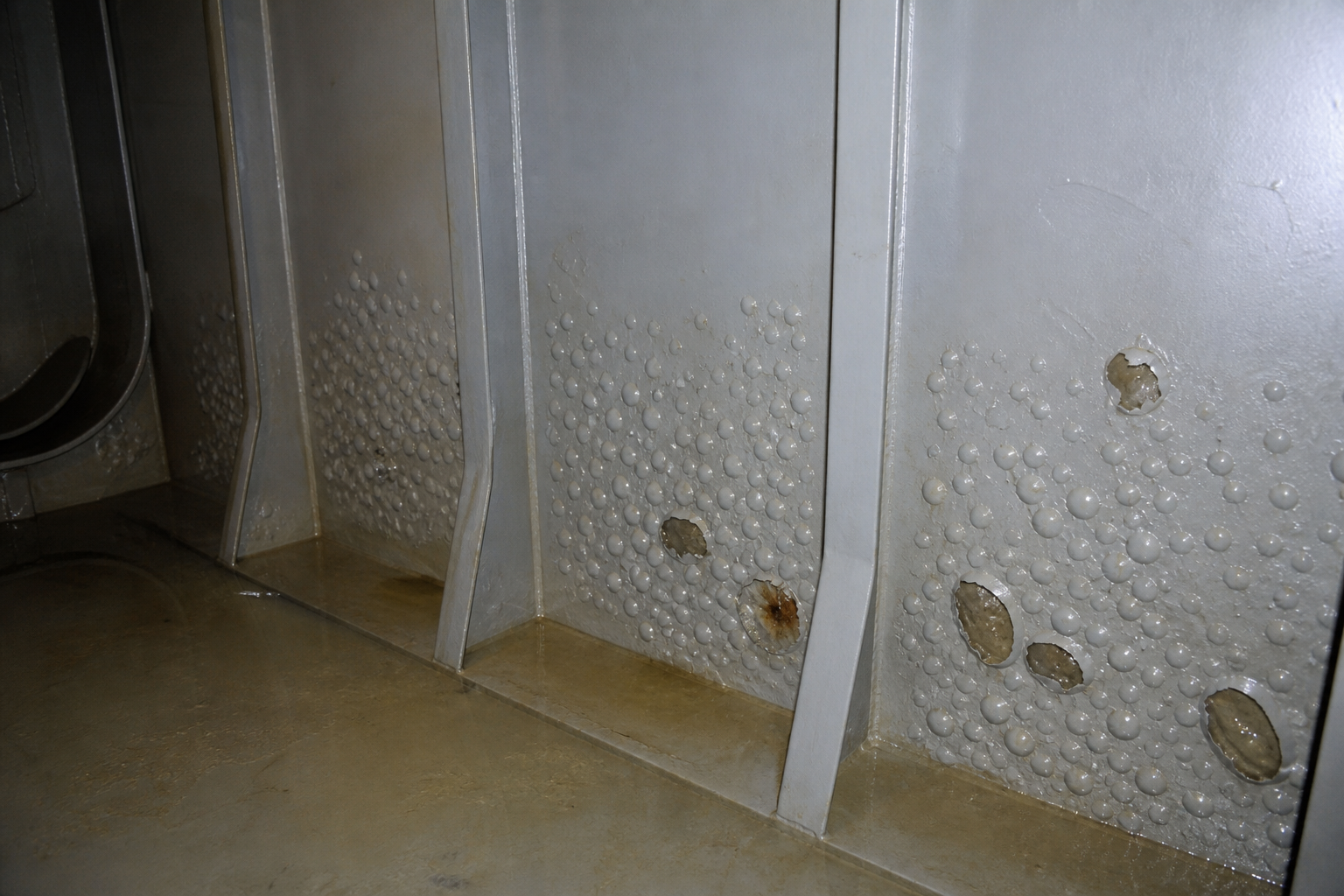 Photorealistic illustrative reference showing osmotic blistering on a protective coating system