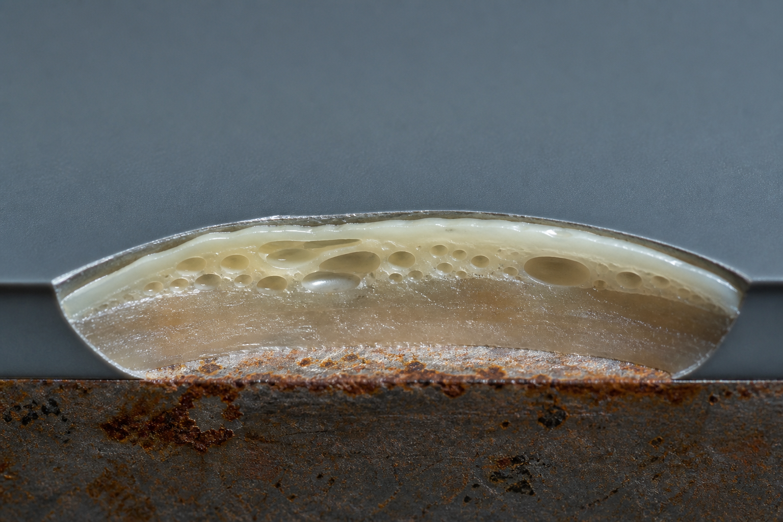 Photorealistic illustrative reference showing solvent entrapment on a protective coating system