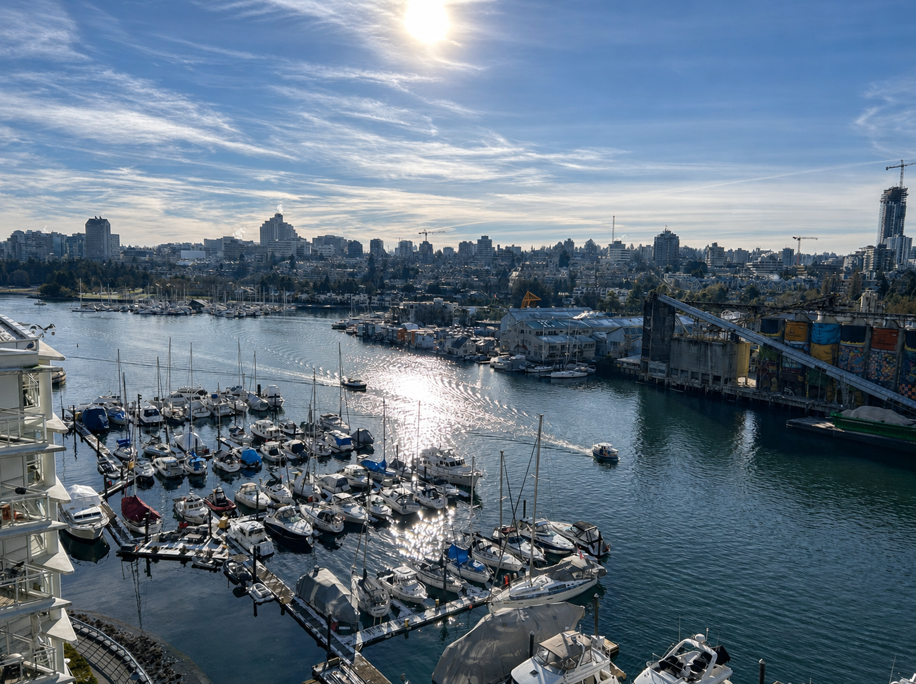 Vancouver waterfront, marina, and city skyline
