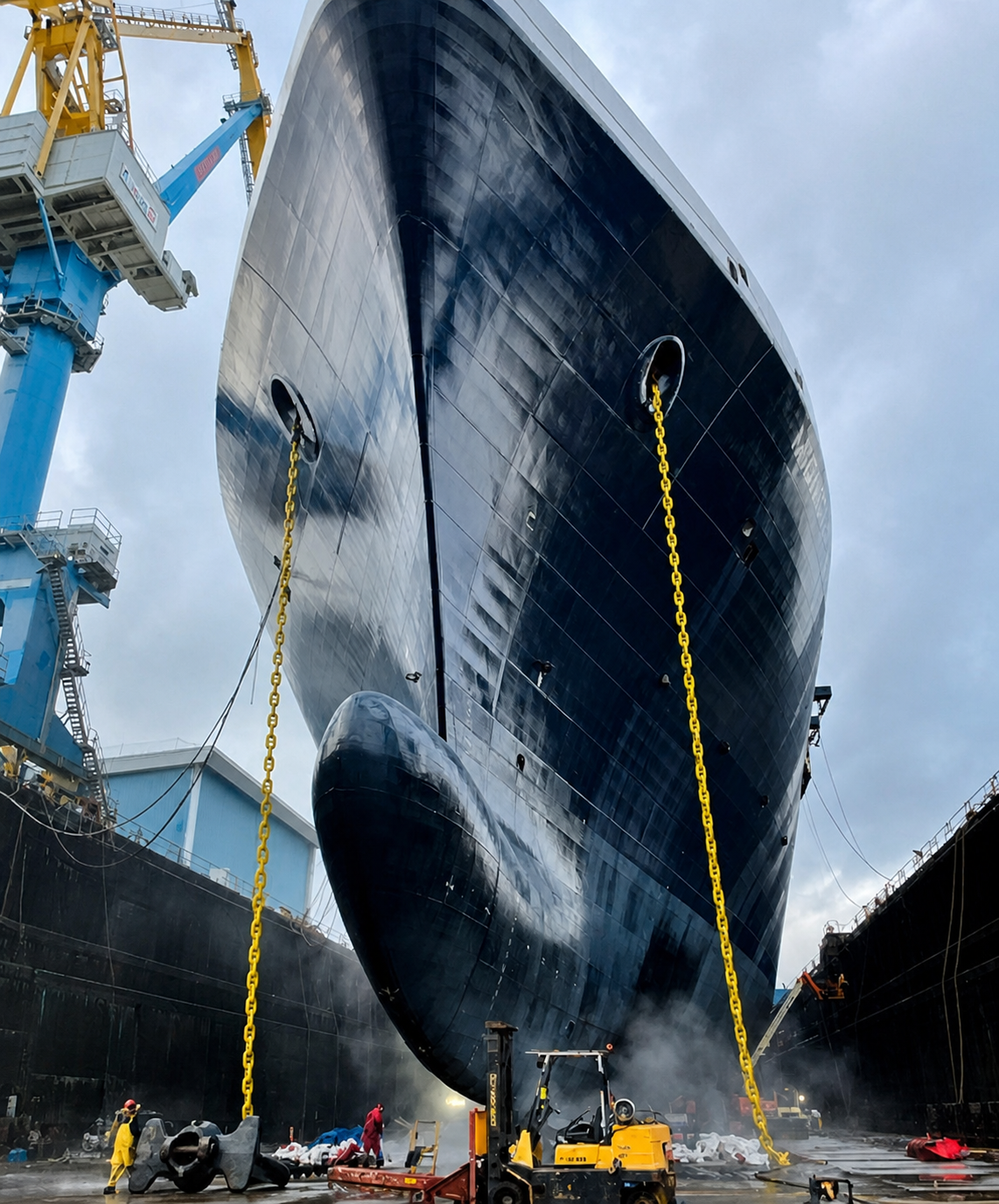Commercial vessel hull in drydock