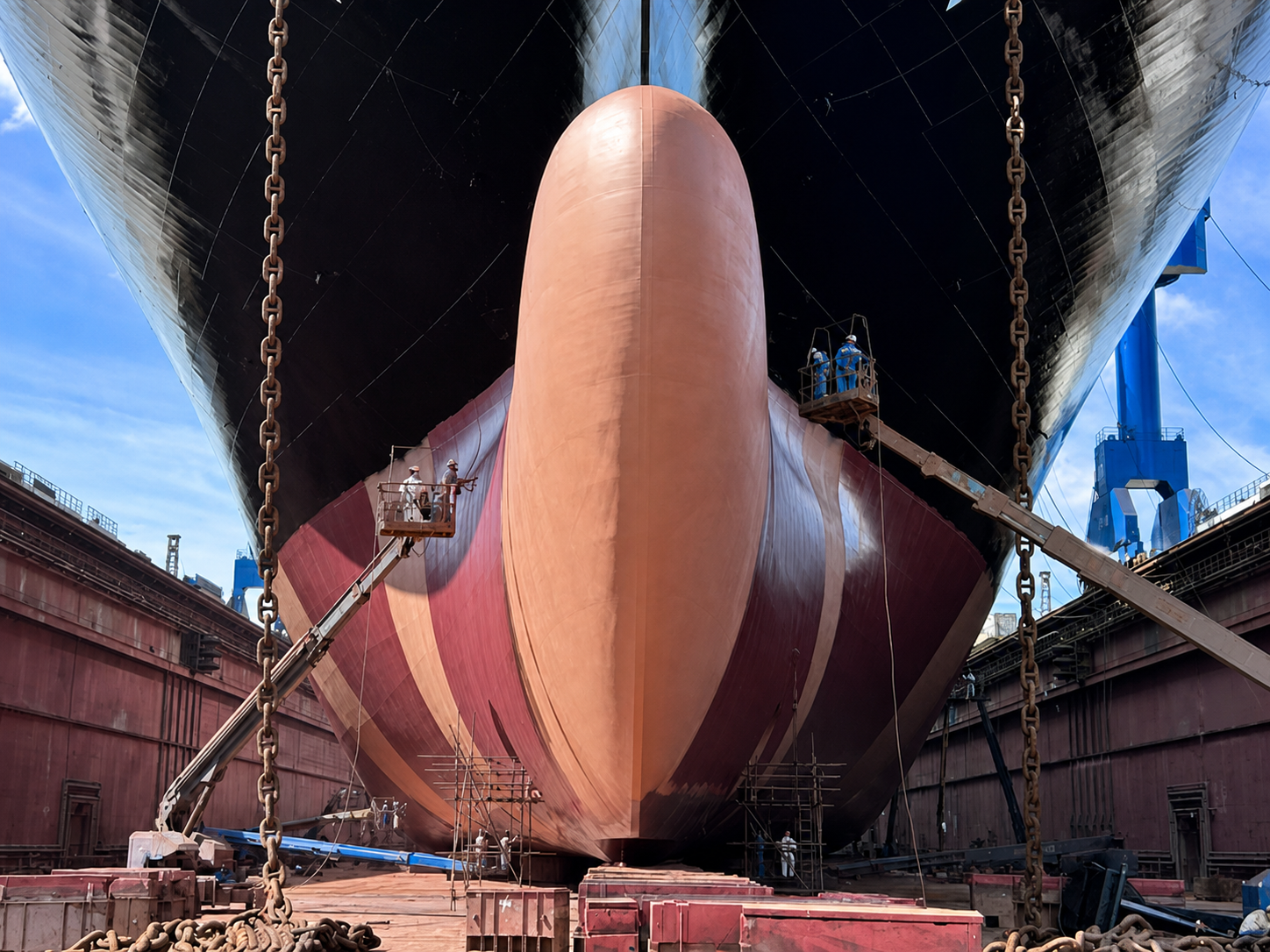 Commercial vessel hull undergoing coating work in drydock
