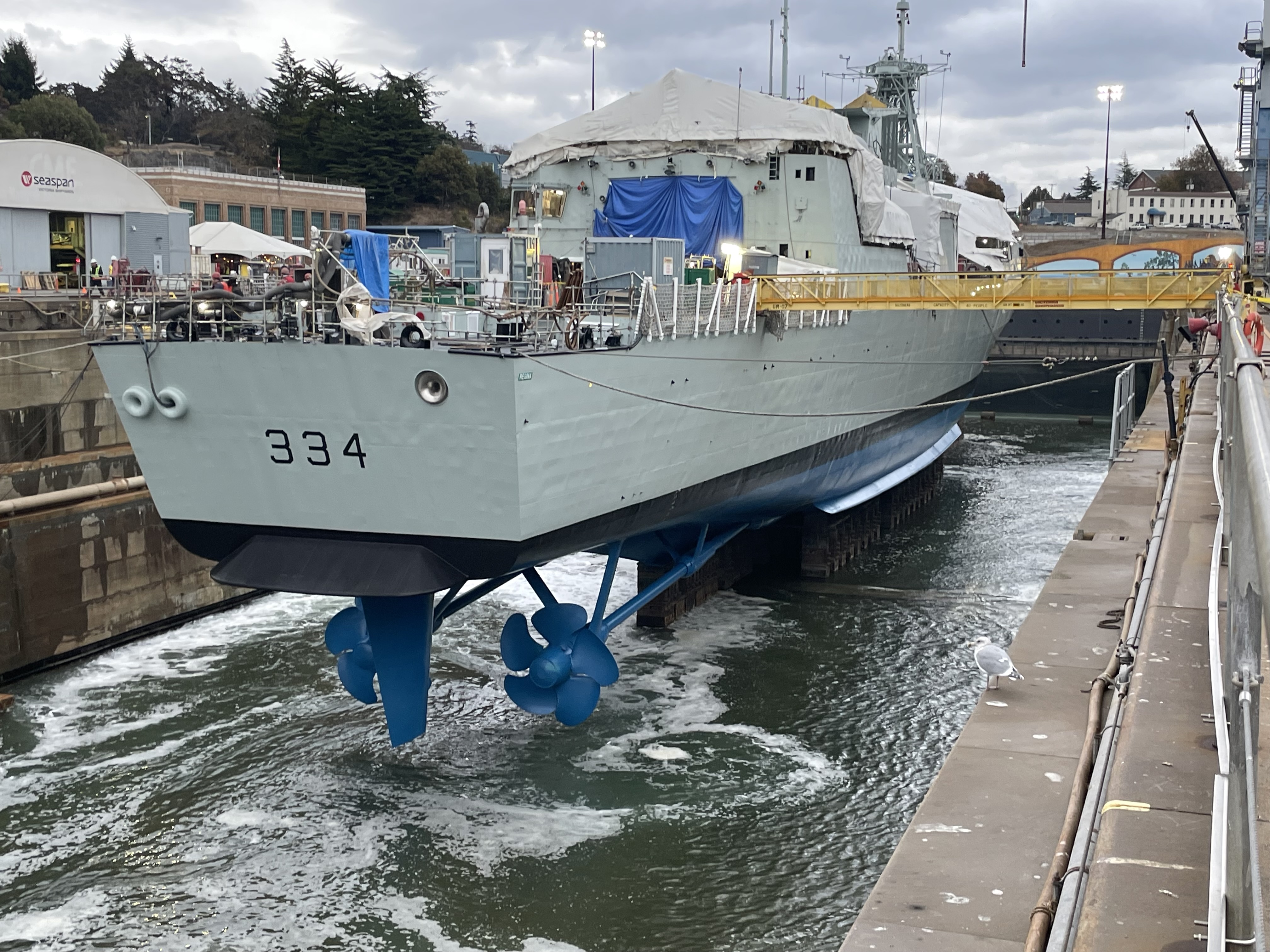 Commercial vessel undergoing work at a shipyard